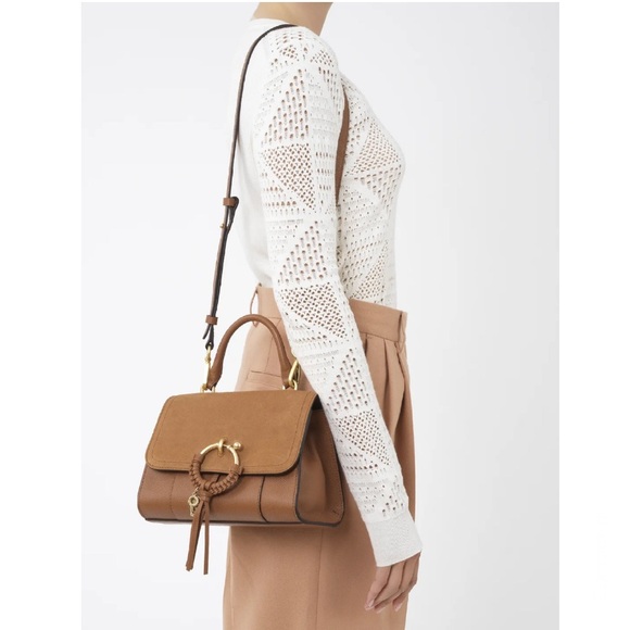 SEE BY CHLOE Joan Ladylike Bag Leather Suede Top Handle With Strap Tote Caramel